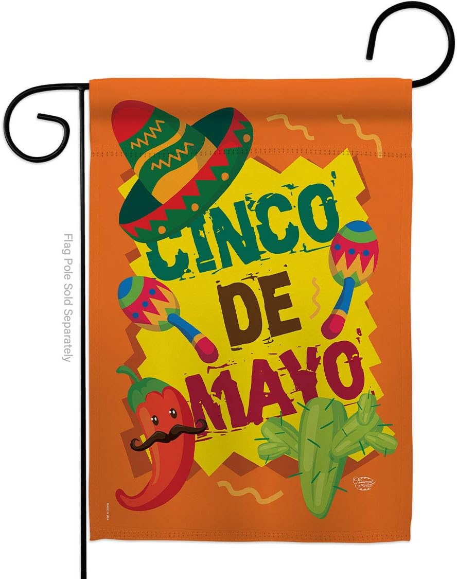 Cinco de Mayo Garden Flag Set Wall Holder Summertime Party Cactus Pinata Sombrero Mexican Fiesta Outdoor Small Decorative Gift Yard House Banner Made in USA 13 X 18.5