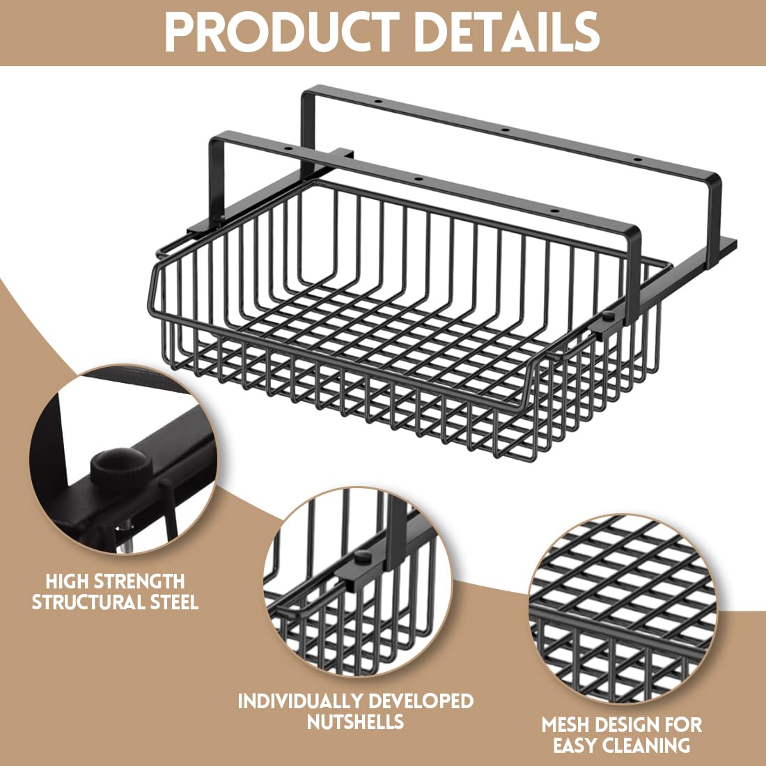 Cassetto organizer sottoscrivania in metallo 37×25×11cm nero, cesta portaoggetti da fissare sotto piano per ufficio casa scuola