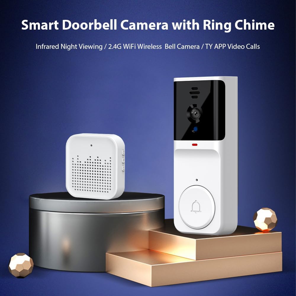 Smart Doorbell Camera with Ring Chime, Infrared Night Viewing, 2-Way Audio, Active Wake-up & Remote Wake-up, IP65 Waterproof, 2,4GHz Wireless Doorbell Camera, Support TY APP - White