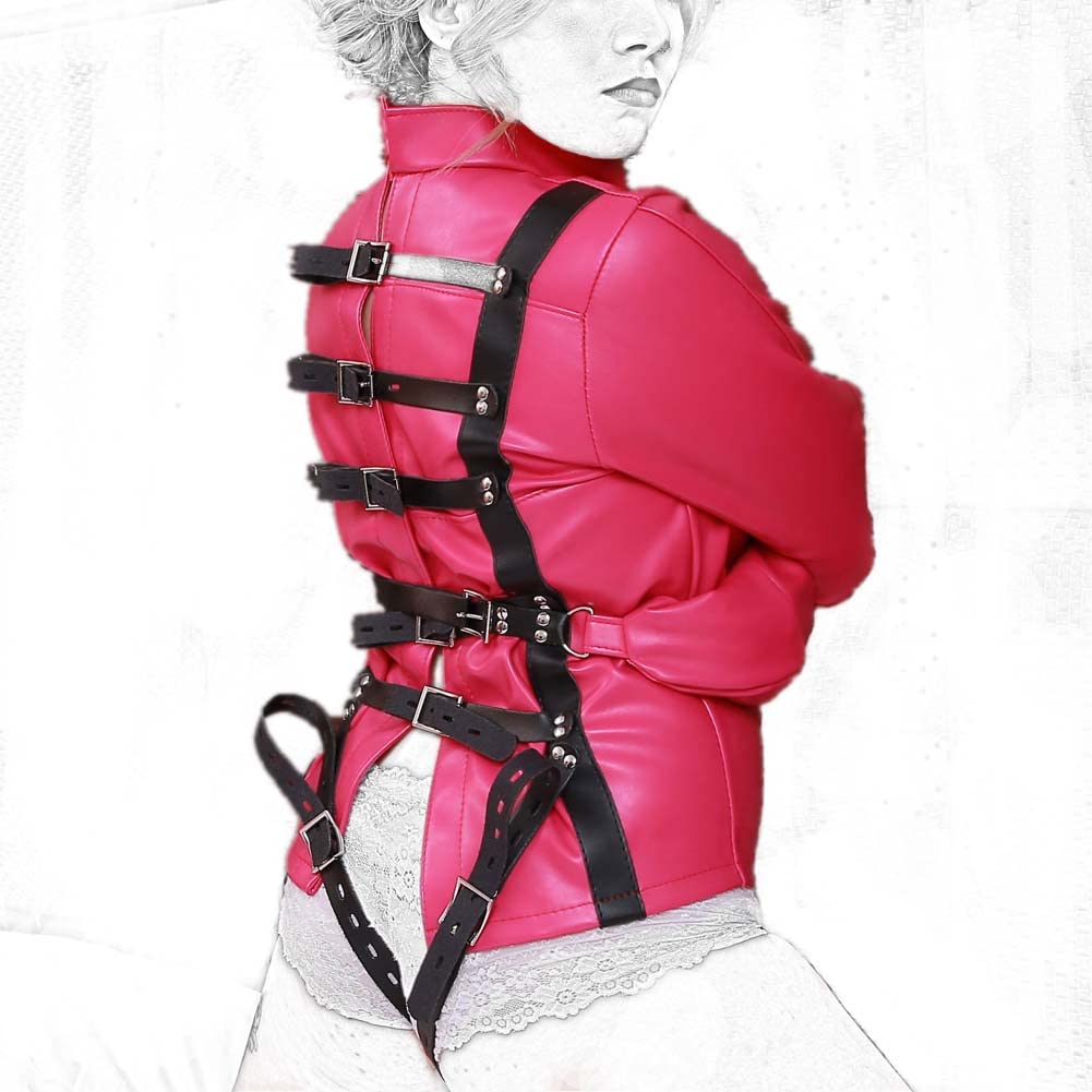 Sex Bondage PU Leather Erotic Strait Jacket with Crotch Strap