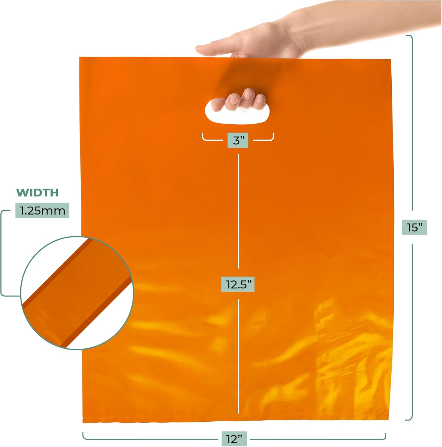 100 Pack Orange Merchandise Bags 12 x 15 Inches, 1.25 Mil Thick Glossy Plastic Retail Shopping Bags with Die Cut Handles, Recyclable Bulk Bags for Stores, Events, Gifts - Image 2
