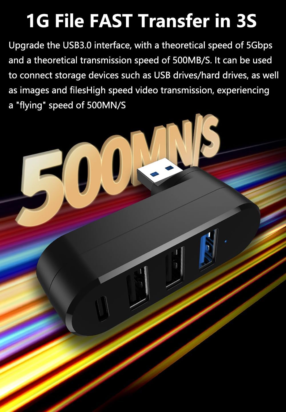 4Ports USB 3.0 Hub [90°/180° Degree Rotatable], USB Splitter Extender Multi-Port Adapter with 3 USB Ports & 1 USB C Power/Data Port, for Laptop, Car, MacBook Pro/Air, Keyboard (Black)