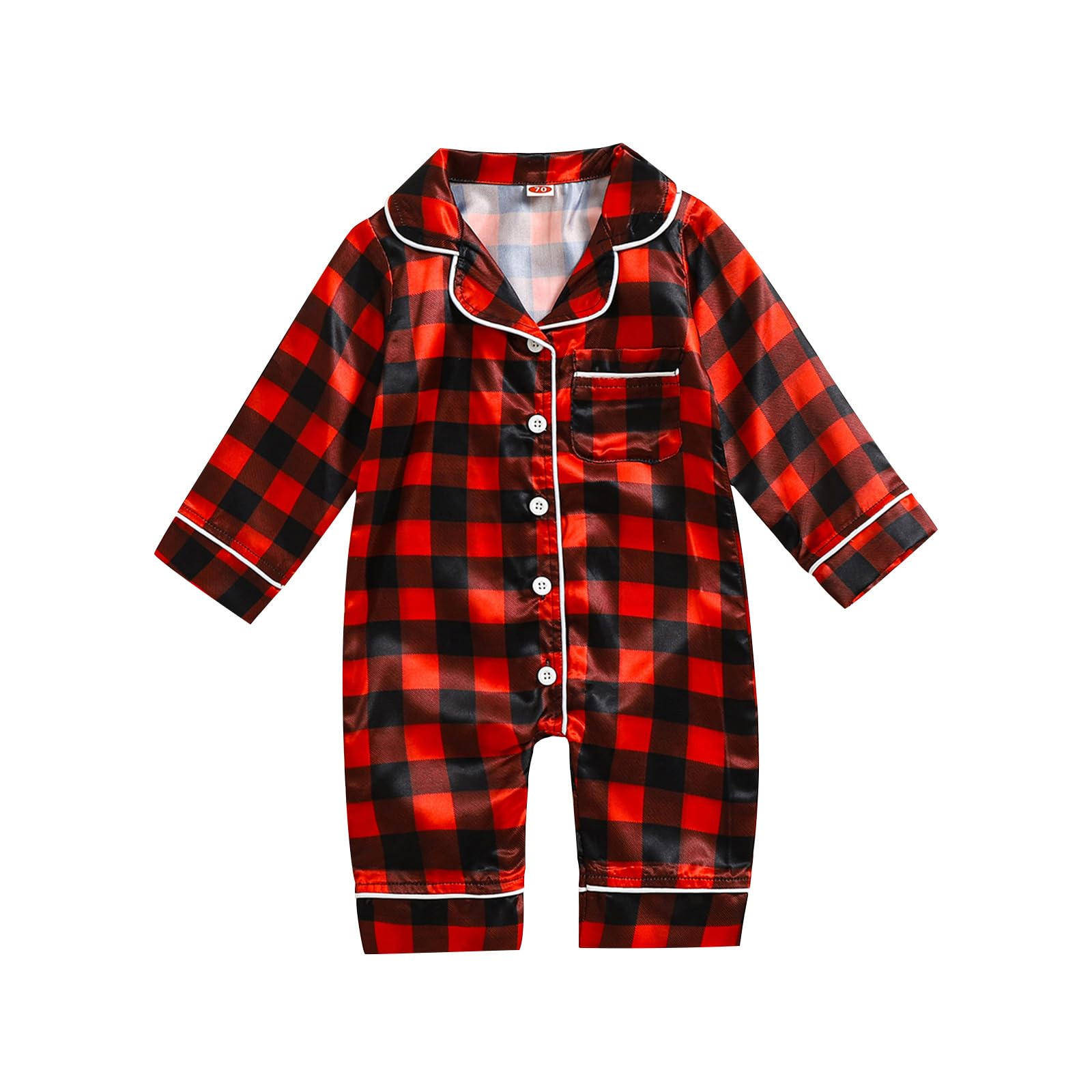 Multitrust Newborn Baby Girl Boy Silk Pajamas Long Sleeve Button Down Satin Infant Pjs One Piece Jumpsuit Loungewear (Red Plaid, 0-3 Months)