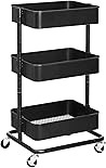 SONGMICS Rollwagen mit 3 Ebenen, Aufbewahrungswagen, Küchenregal mit Rollen, Ablagefächer höhenverstellbar, Servierwagen mit 2 Bremsen, einfache Montage, für Bad, Küche, Büro, schwarz BSC60B