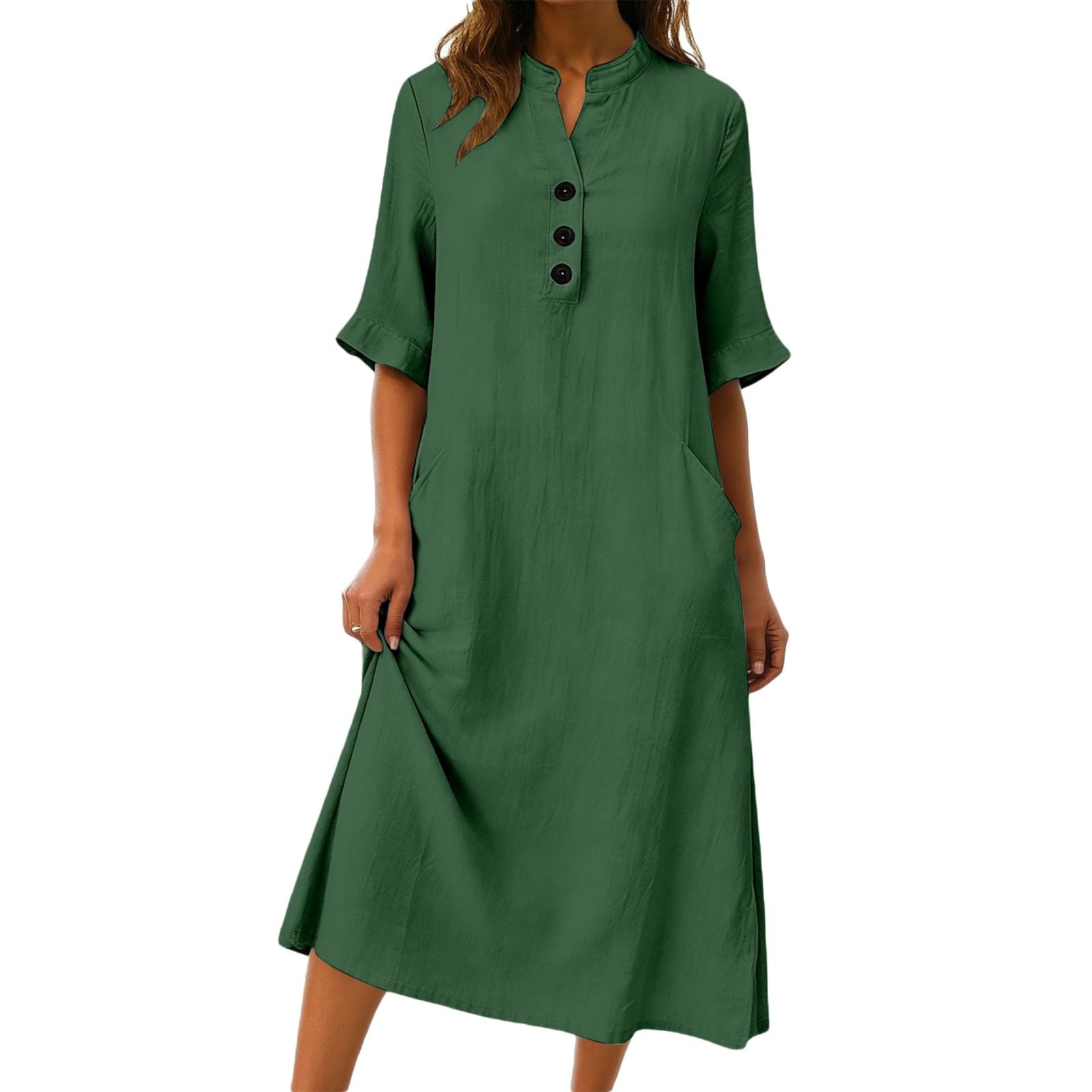 Abito in lino da donna, scollo rotondo, a maniche corte, estivo, in cotone e lino, per il tempo libero, da spiaggia, abito da spiaggia, abito casual da spiaggia
