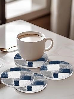 Coasters for Drinks with Holder, Blue and Grey Abstract Paint Art Graffiti Set of 8 Absorbent Ceramic Coasters with Cork Base, Ceramic Drink Coaster for Wooden Table Protection Bar Home Decor, 4 inch