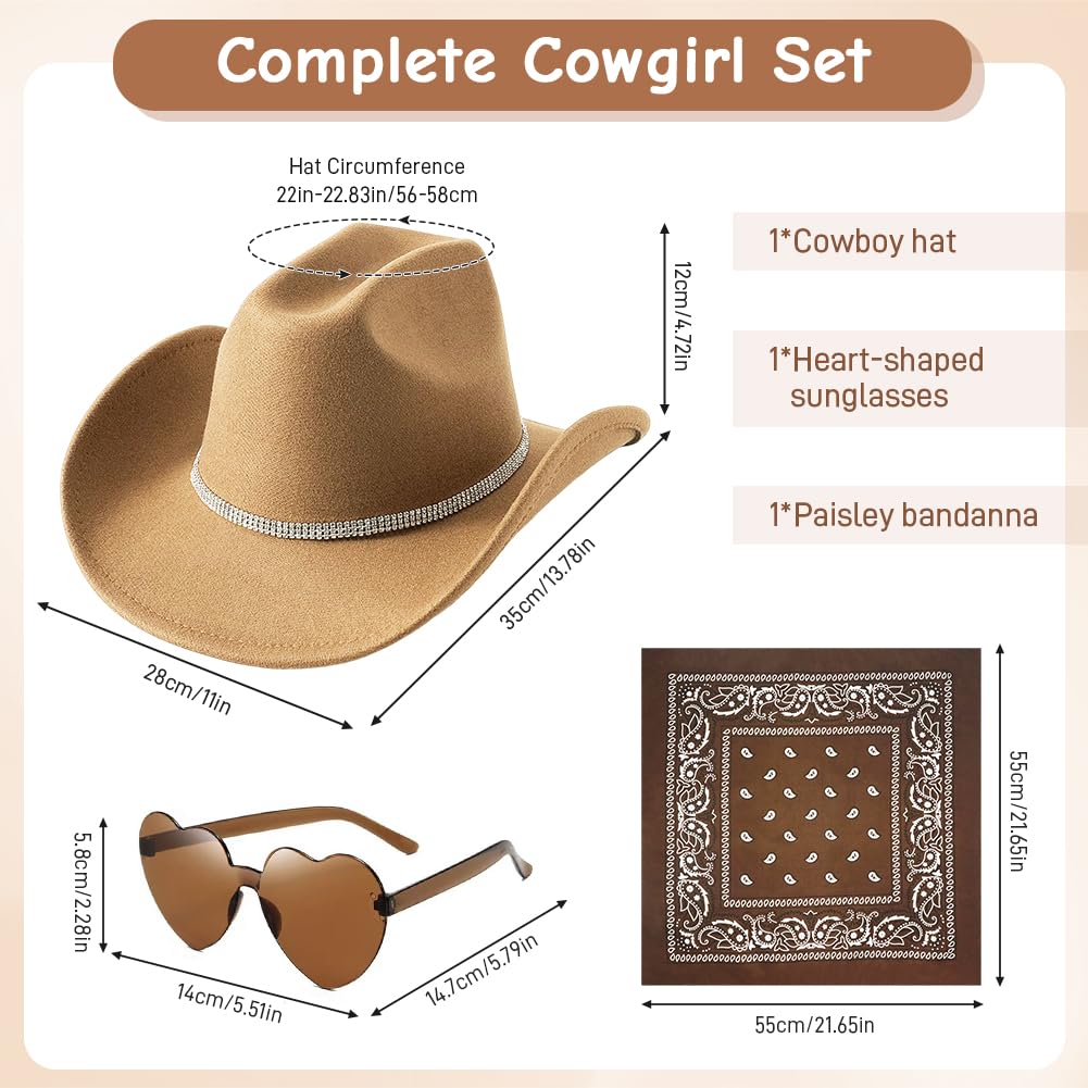 FCXVXCL Sombrero Vaquera 3 Piezas Sombrero de Vaquero Accesorios Sombreros Vaquero del Oeste Traje Sombreros Vaquera con Pañuelo Cuadrado y Gafas para Disfraz Vacaciones Fiesta — view 2