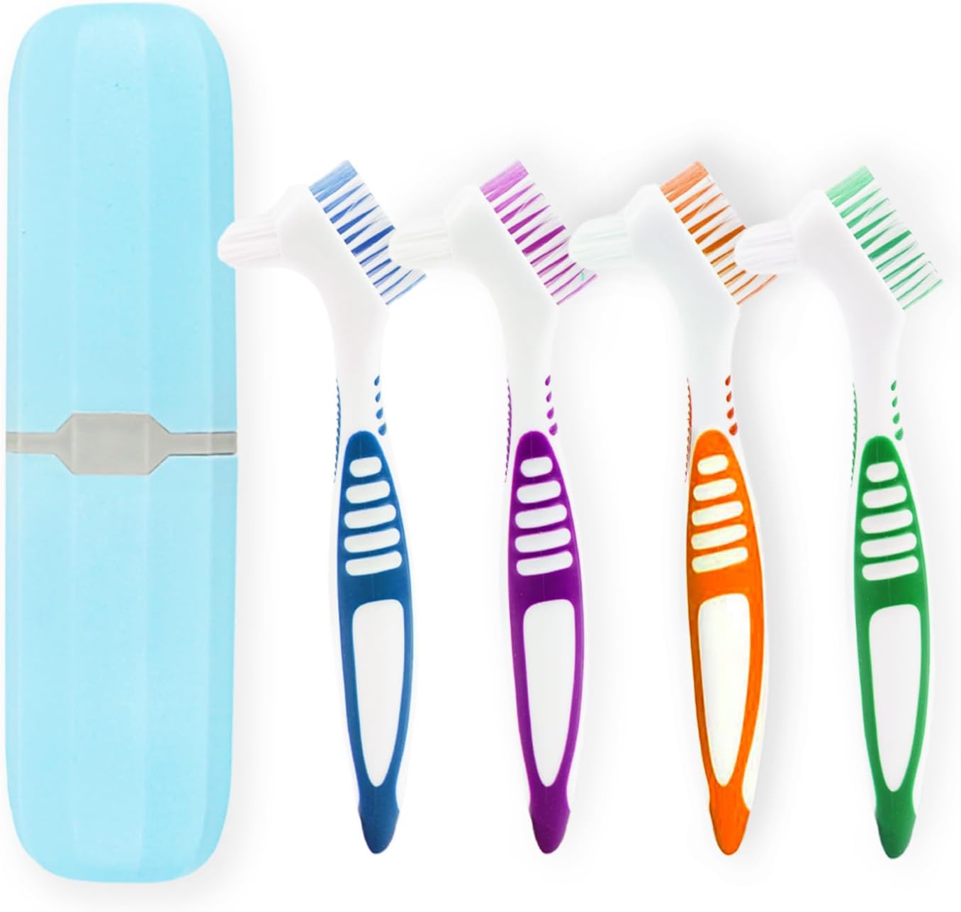 4 Pcs Denture Cleaning Brush and 1 Pcs Storage Case, Portable Denture Toothbrush, Retainer Brush with, Double Sided Toothbrush (4 Colors and Blue)