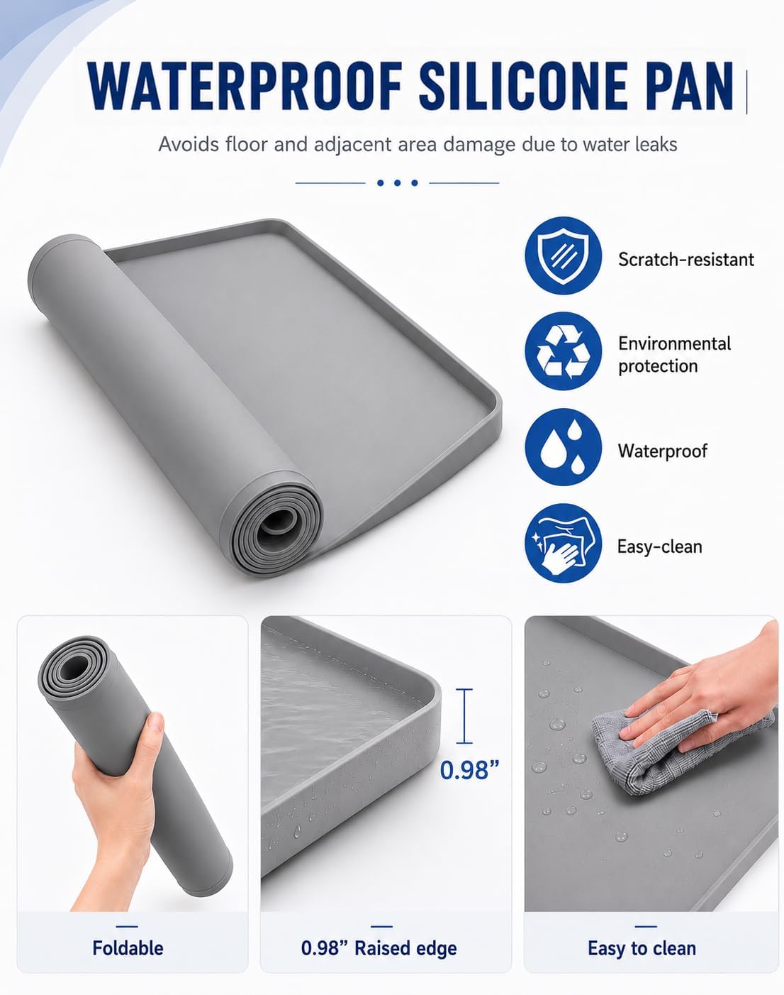 27"x27" Washing Machine Drain Pan Silicone Mat for Under Dryer & Washer | 0.98" Raised Edge, Non-Slip Waterproof, 1.2mm Thick, Anti-Vibration Floor Leak Protector for Laundry Room