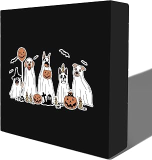 Halloween Signs, Cute Halloween Ghost Dogs Pumpkin Wooden Box Sign, Halloween Ghost Decorations, Halloween Table Desk Shelf Decorations, Spooky Home Decor, Dog Lovers Gifts, 5x5 Inches