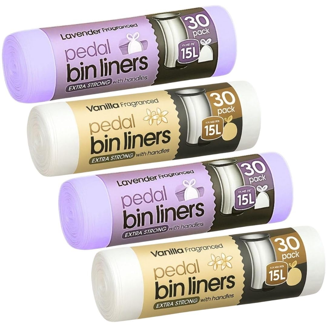 Abl Supplies Lavender 120 Extra Strong Scented Bin Liners 15L | Fragranced Pedal Bin Bags Bags, Vanilla, 4 Rolls Of 30