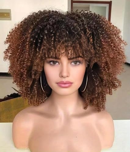 LEEMASING Fashion Afro Curly Wig Synthetic Short Full Wig Women Wig For Daily Use, Party and Cosplay (Gradual Dark Brown)