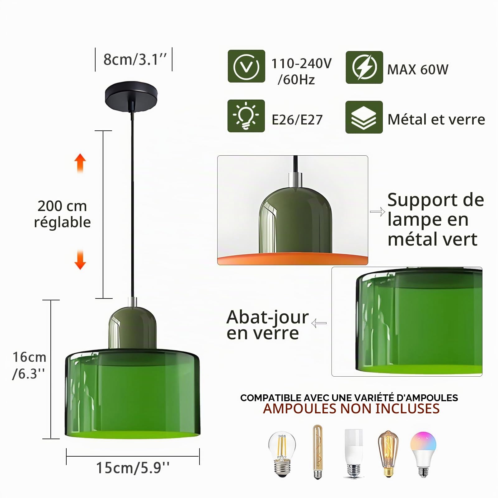 15cm Suspension Scandinave Moderne en Verre, Lampe Suspendue E27, Hauteur Réglable 200 cm, Métal & Verre, Luminaire Design pour Cuisine, Salle à Manger, Salon, Café, Bar (Vert Brillant)