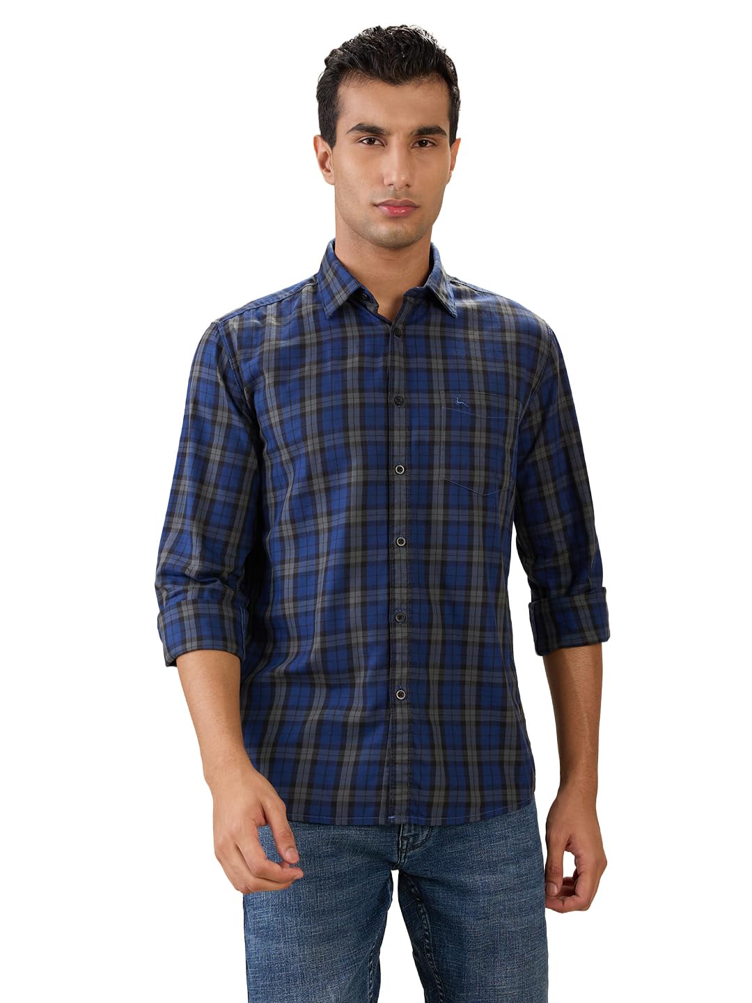 Men Slim Fit Checks Pattern Pure Cotton Semi Cutaway Collar Full Sleeve Casual Shirt-image-29