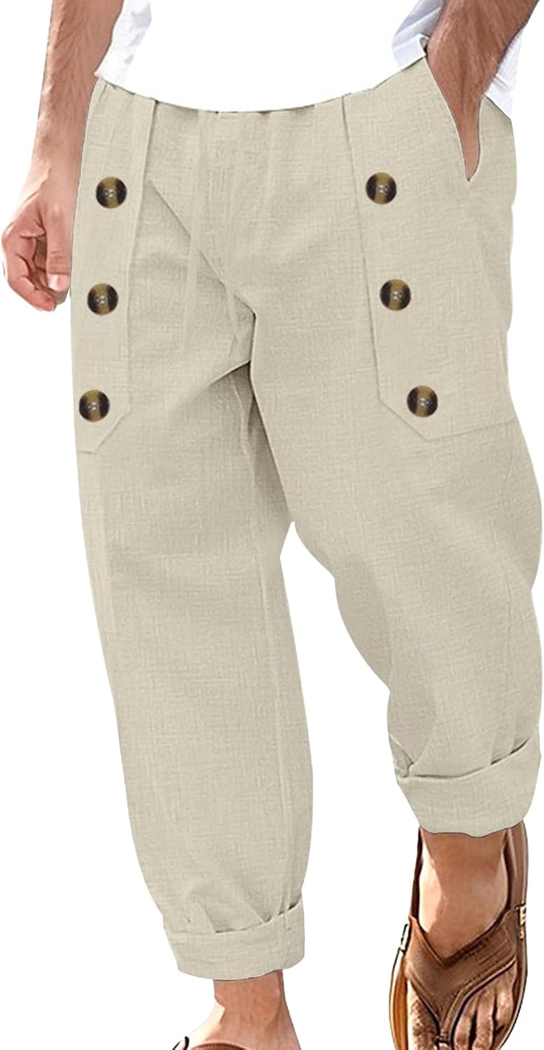 DGHM-JLMY Men's Multi Button Cotton Linen Loose Pants Trendy Essential Hip Hop Trousers Daily Casual Hawaiian Beach Pant