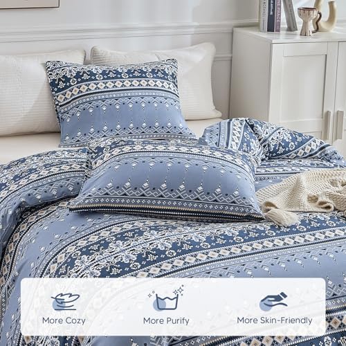 Image of Lekesky Boho Duvet Cover Queen Size, Blue Comforter Cover Queen Size White Geometric Floral Printed Duvet Set, 3 Pieces Soft Microfiber Bedding Set with Zipper Ties (Queen, 90 inchx90 inch)