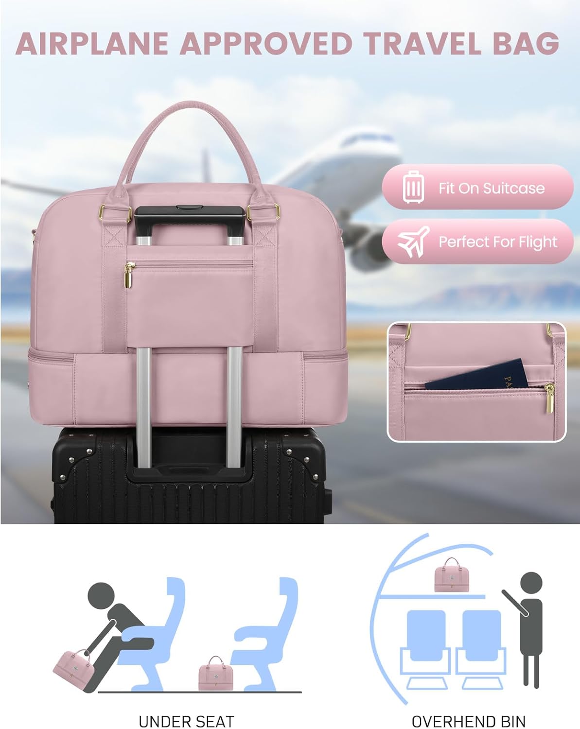 Weekender Travel Duffle Bag for Women: Overnight Bags with Shoe Compartment Carry on Bags for Airplanes with Toiletry Bag Weekend Yoga Gym Bag with Wet Pocket Travel Duffel Tote Bag Hospital Bag Pink - Image 5