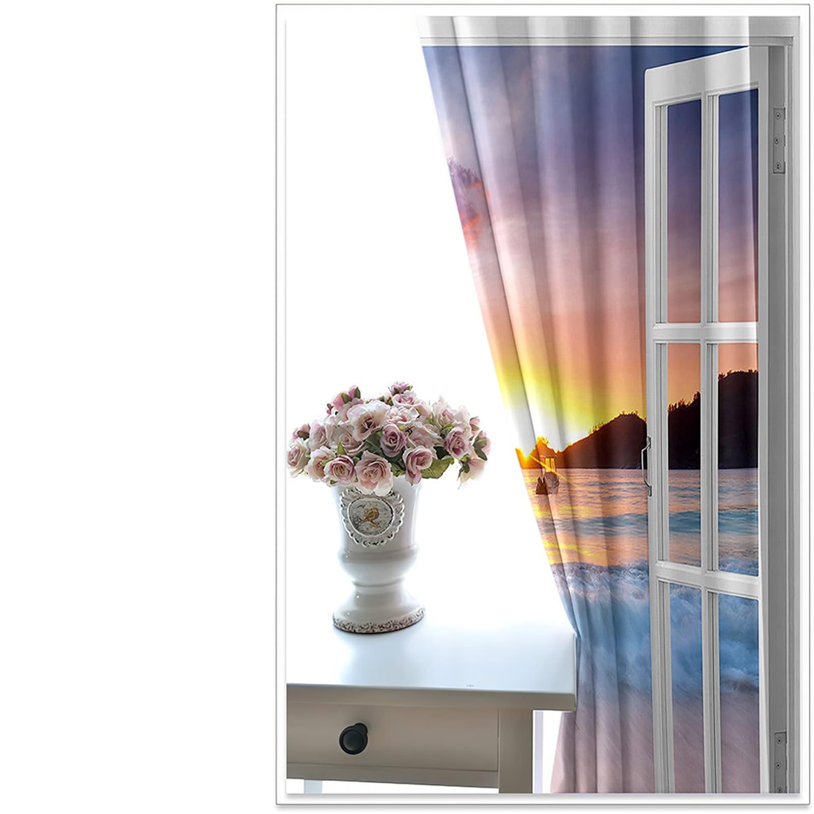 Rideaux Chambre Adulte, Vue de la fenêtre sur la mer au Coucher du Soleil Rideaux à Oeillets pour Salon/Chambre à Coucher, Multicolore, 132x244cm