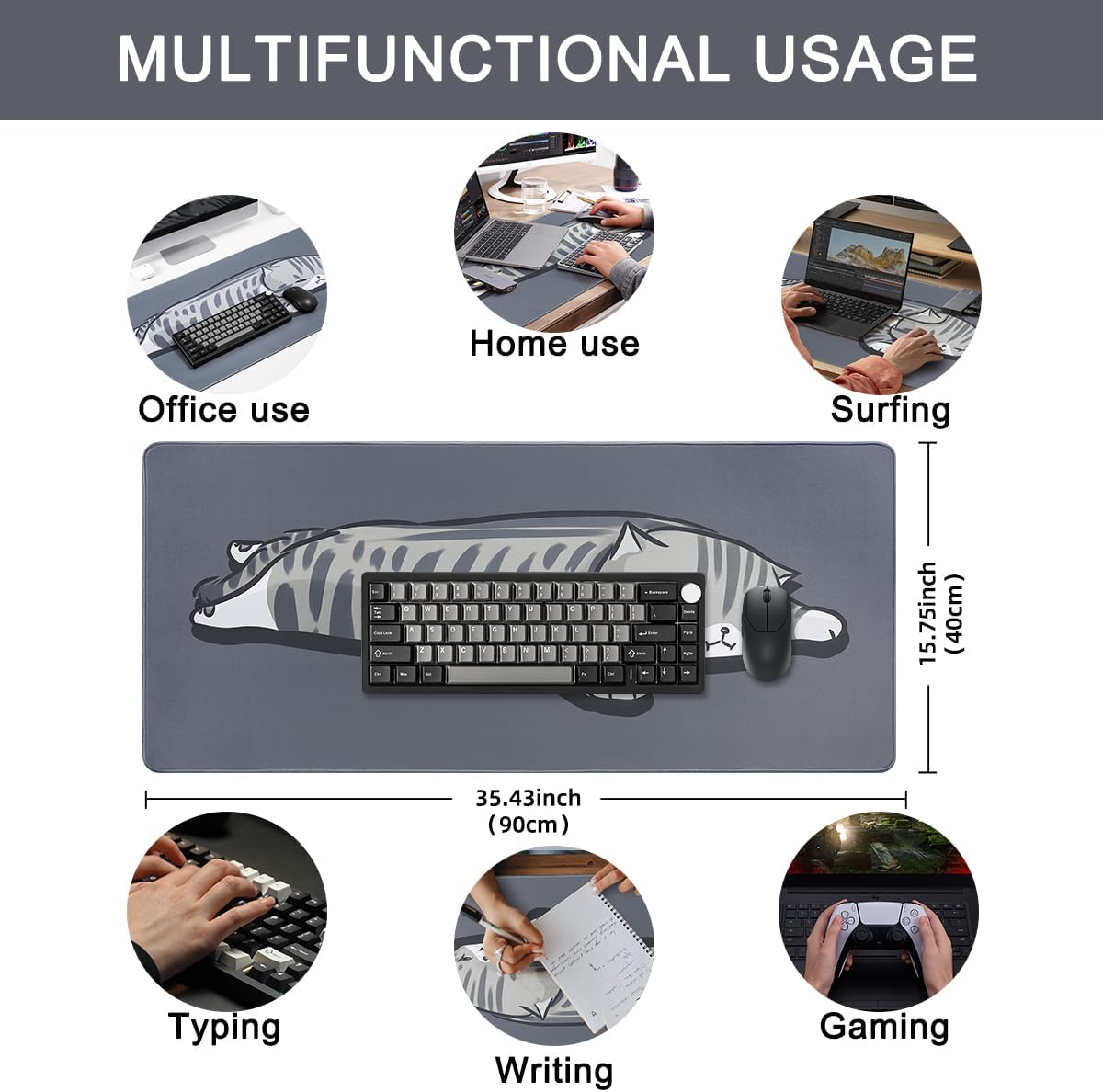 YUNZII Keynovo Gaming Mouse Pad, Large Mouse Pad, Non-Slip 4mm Laptop Gaming Desk Pad,Waterproof Desk Pad, Office and Home (Lay Cat, 35.4"x15.7")