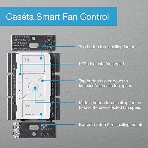 Miniatura 9 de Lutron Caseta Smart Fan - Interruptor de control de velocidad (requiere Lutron Smart Hub), un polo, PD-FSQN-LA, almendra clara