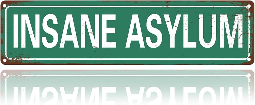 Insane Asylum Vintage Metal Sign Creepy Gothic Wall Decor, Grunge Room Aesthetic, Horror Plaque for Bedroom, Bathroom, Dorm, Man-Cave Gift for Emo & Alt Band Poster Music Fans 16 x 4 Inches 707