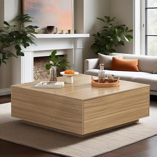 43” Square Coffee Table with Storage, Modern Large Square Center Table with 2 Drawers, Wood Coffee Table for Living Room, Light Brown