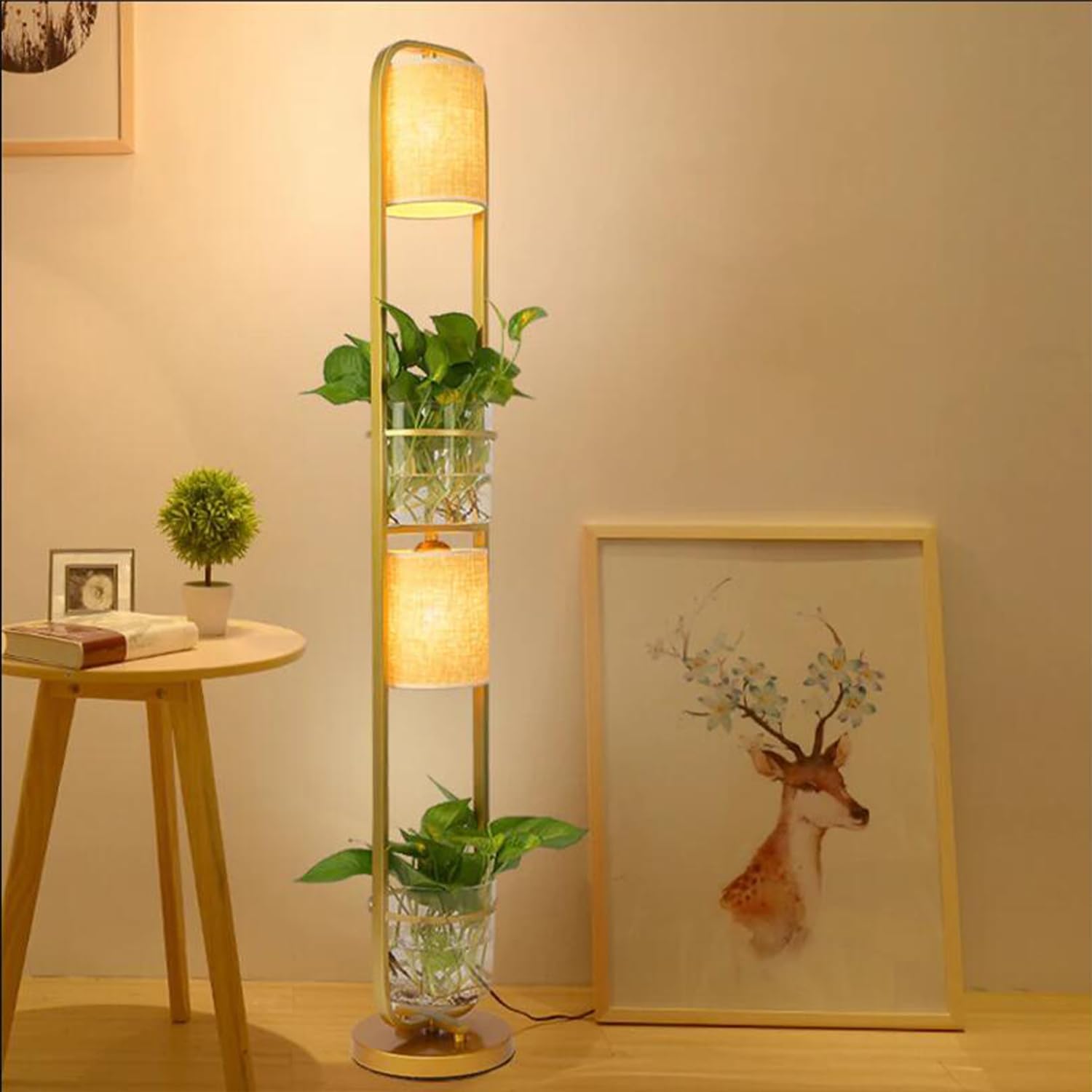 Modern Floor Lamp with 2-Tier Round Shelf and Glass Flowerpots, Storage Gold Metal Frame Standing Reading Light Accent Furniture Décor Lighting for Living Room Bedroom Office(E14 Bulbs not Included)