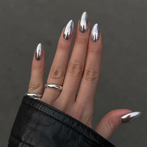 Miniatura 2 de Sunjasmine - 24 uñas postizas medianas a presión, uñas postizas de almendra, uñas postizas acrílicas con pegamento de uñas para mujeres (cromo