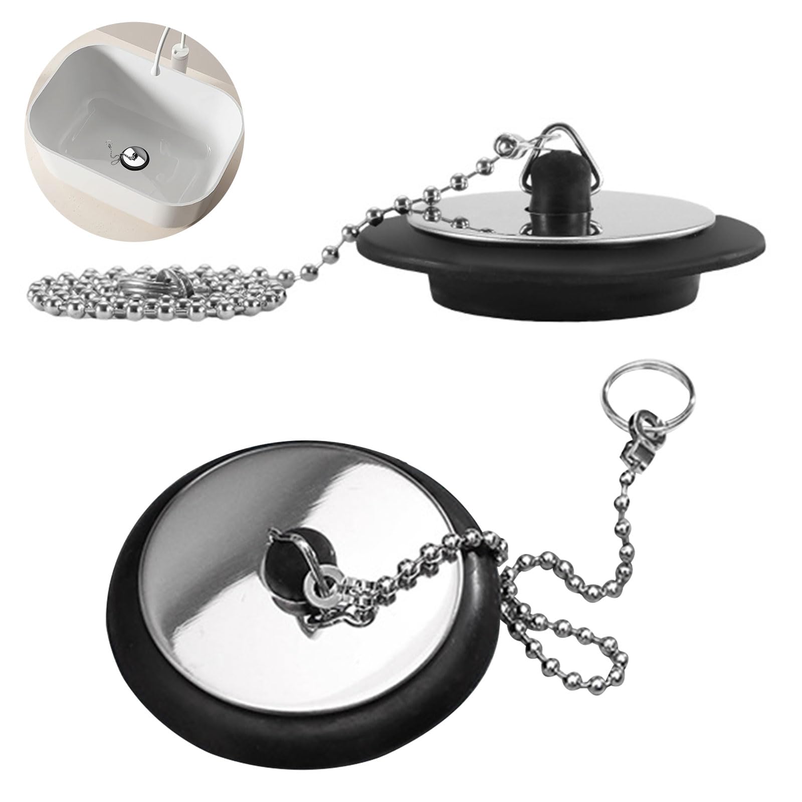 2 Pcs Universal Sink Plug,Bathroom Sink Plug Replacement,Kitchen Sink Plug Replacement,Bath Plug Replacement,Bath Plug and Chain(Size 42mm/1.65in To 45mm/1.77in, Chain 40cm/16.5in)