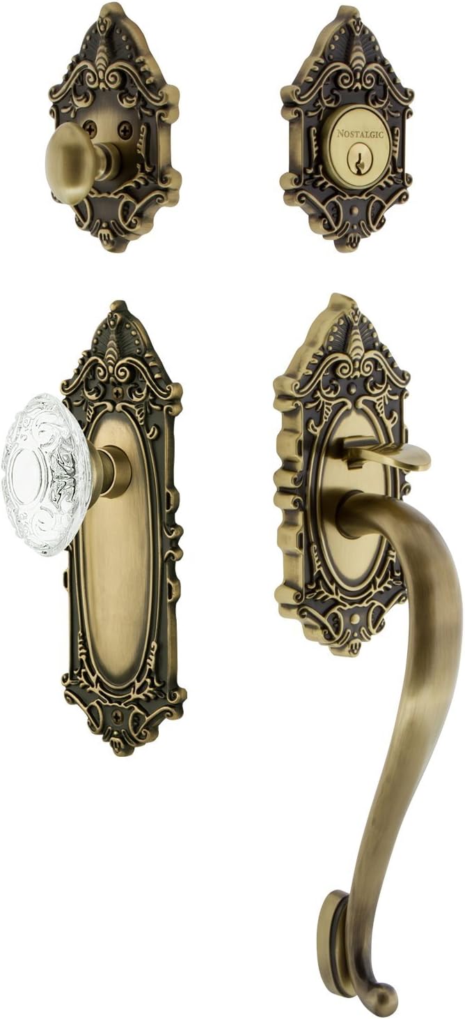 Nostalgic Warehouse 756037 Plate S Grip Entry Set Crystal Victorian Knob, Backset Size: 2.75", Antique Brass