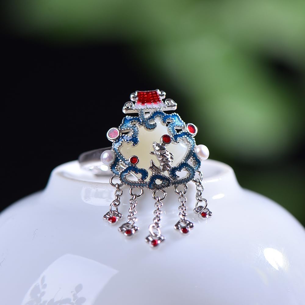 S925 Silver-Inlaid Natural White Jade Square Enamel Fish Leaping Dragon Gate Tassel Ring with Adjustable Opening and Including Certificate