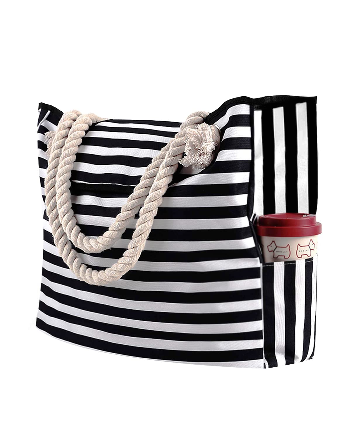 JFAN Bolso Playa Mujer con Botón Imantado Bolsas de Playa Grandes a Rayas XXL Familiar 52 x 45 x 15 cm