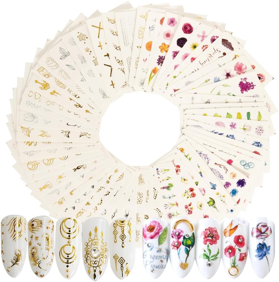 54 Sheets Water Transfers Nail Art Stickers Decals Self Adhesive for Women Girls Gel Nails Art Design - Colorful Flowers, Gold and Silver Butterfly Stars Feather Pattern Mixed