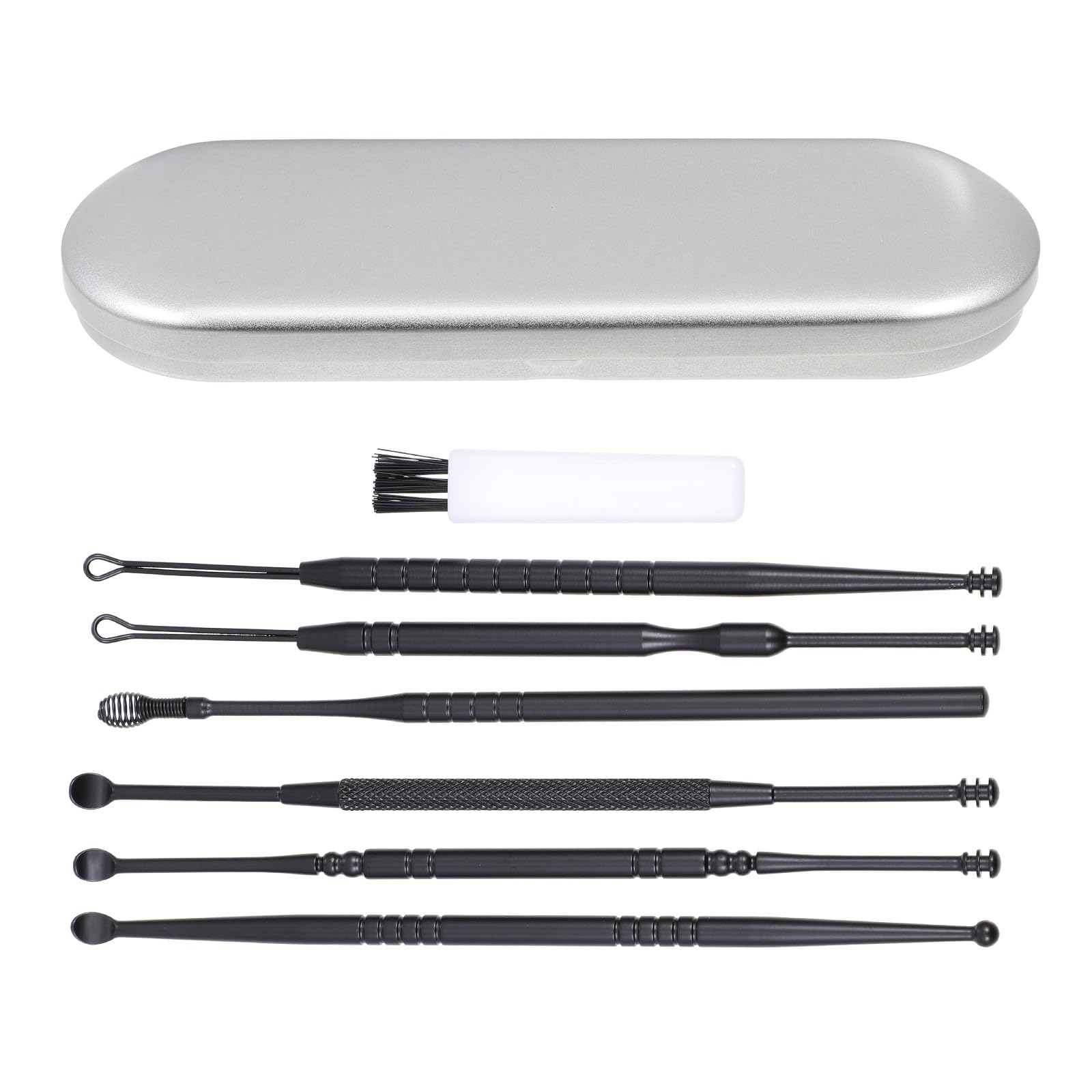 Beaupretty Earwax Removal Kit 6pcs Set Stainless Steel Portable Ear Cleaning Tools Spiral Spring Scoops Black for Adult