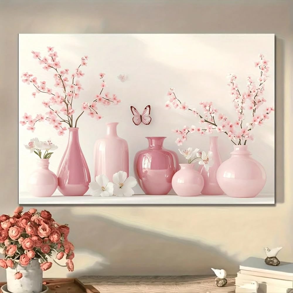 1 lienzo decorativo de pared con diseño de jarrón de cristal rosa y arreglo floral, ideal para la decoración de la sala de estar, el baño o la cocina (50x70cm/Sin marco).