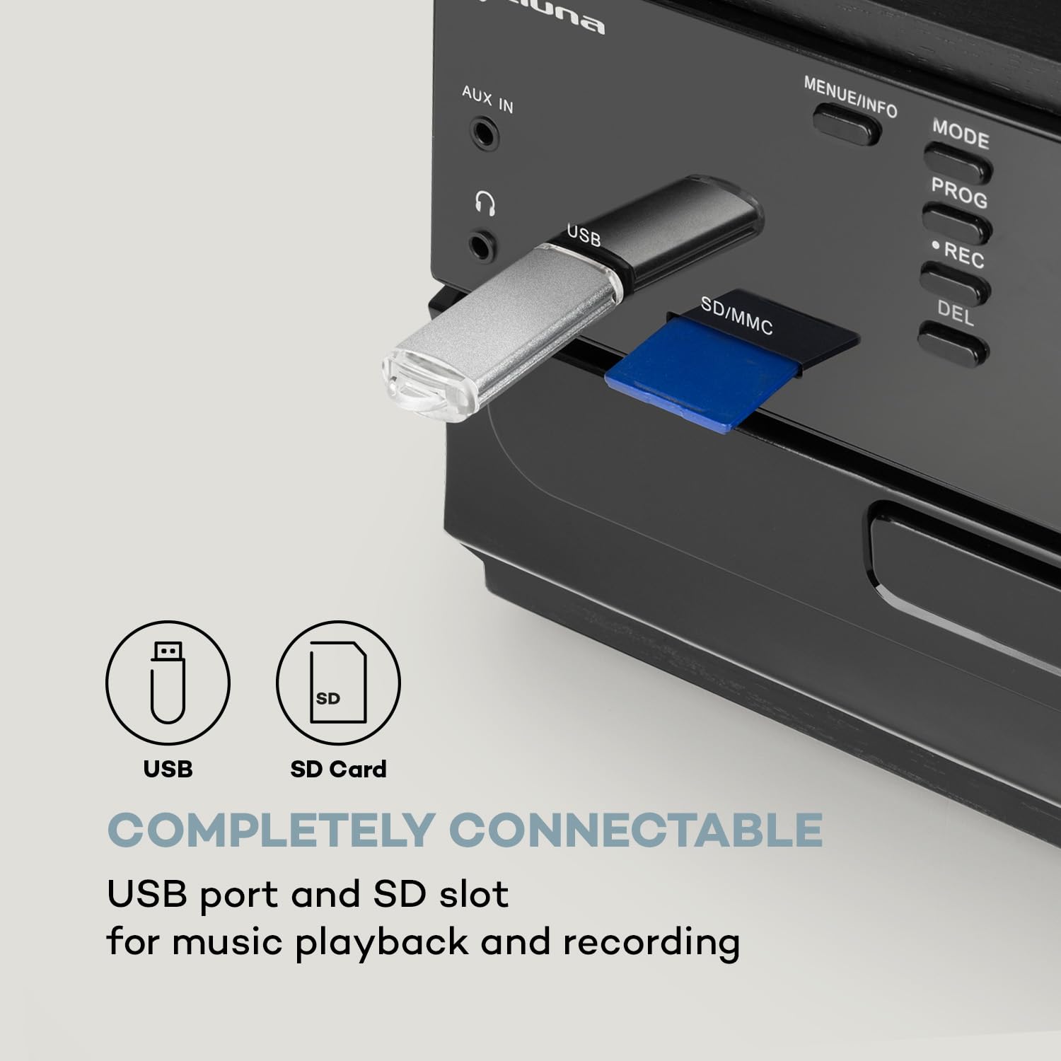 Auna Gramofon do płyt winylowych, Gramofon z głośnikiem, Odtwarzacz CD, USB i radio DAB, w stylu retro, Nowoczesny Record Vinyl Player, z Bluetooth
