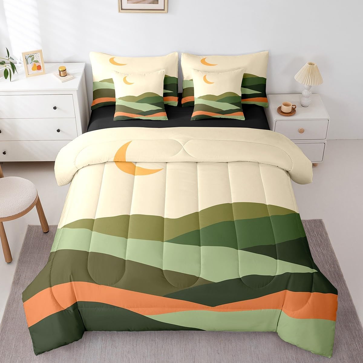Erosebridal Mid Century Modern Bedding Comforter Sets 7 Pieces Moon Print Bed in a Bag Minimalism Mountain Twin Bedding Sets Geometric Landscape Comforter Set Abstract Art Bedding Sets & Collections
