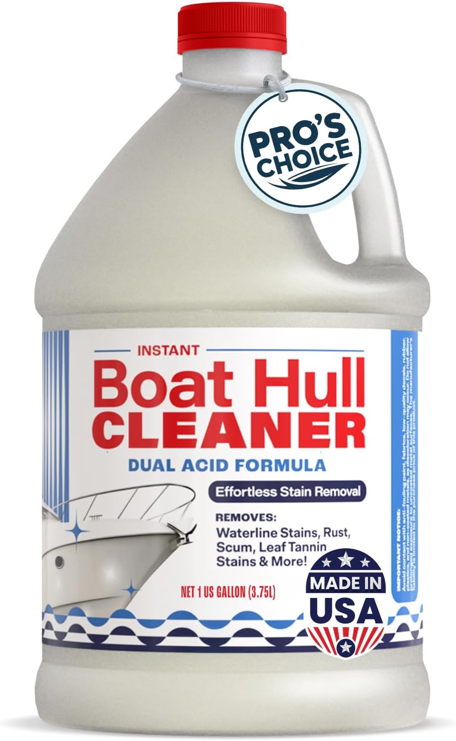 [1 Galllon] Instant Boat Hull Cleaner - Made in USA - Powerful Dual Acid Formula Easily Removes Scum Lines, Rust Stains, Hard Waterlines, & More from Fiberglass, Gelcoat & Painted Boat Surfaces