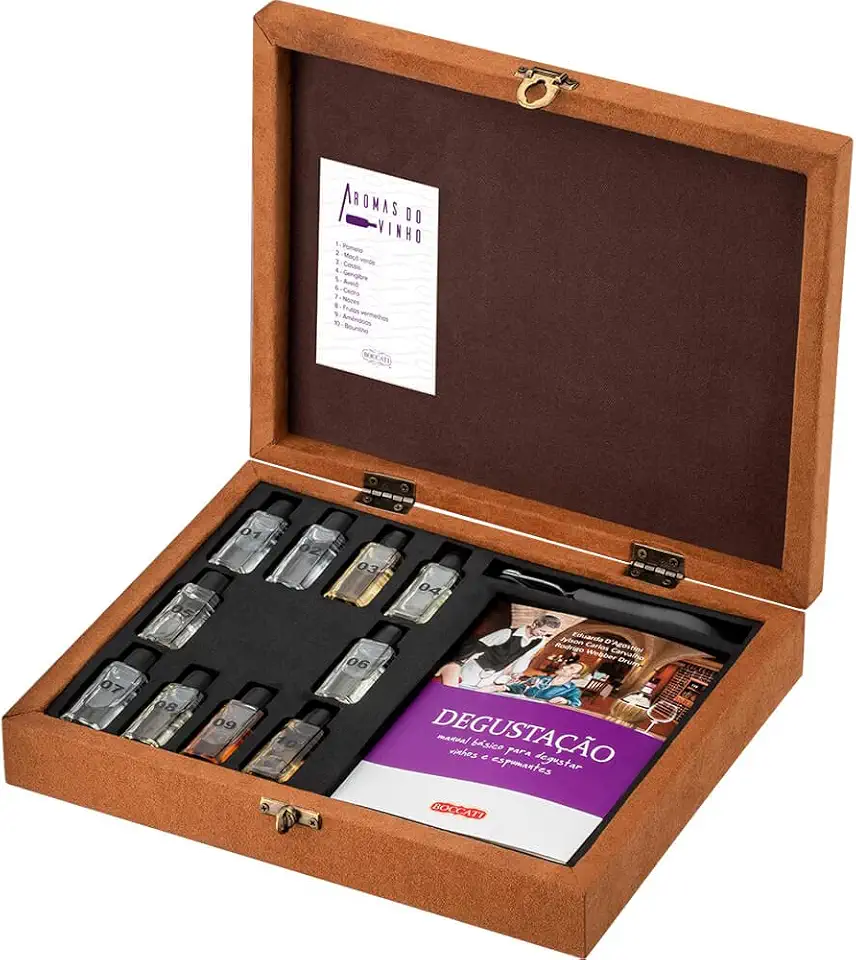 Kit Sensorial de Aromas do Vinho com 10 Frascos e Manual de Degustação Treinamento Olfativo para Enófilos e Sommeliers