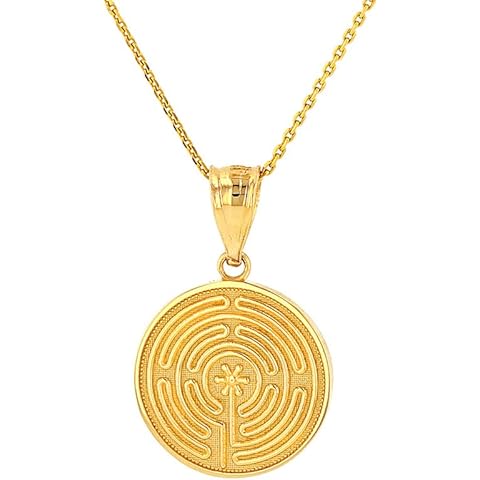 Dainty 14k Yellow Gold Chartres Meditation Labyrinth Disc Pendant Necklace