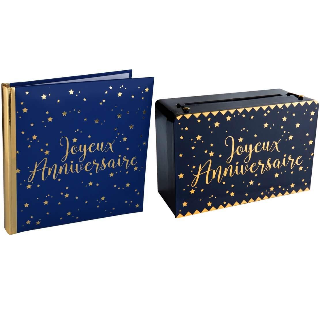 R/5664-5671- 1 Pack anniversaire urne tirelire et livre d'or bleu marine et or