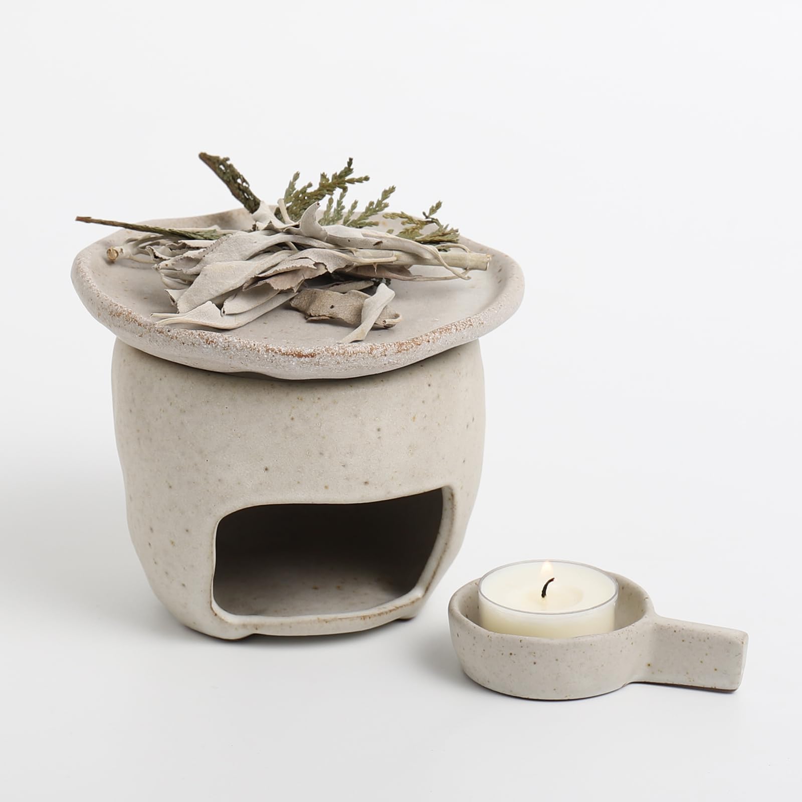 Handmade Ceramic Aromatherapy Stove with Tealight Holder, Cedar White Sage Palo Santo Baking Oven, Zen Diffuser for Home Fragrance, Meditation, Relaxation & Bedroom Decor（Beige）