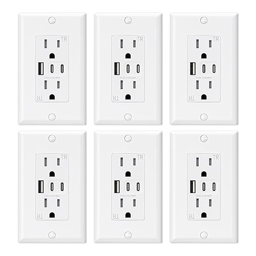 ELEGRP Tomacorrientes USB, toma de pared de 15 amperios con 3 puertos USB, tomas de puertos USB C duales, receptáculos de salidas USB resistentes a
