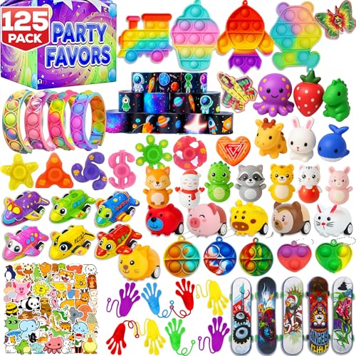 125 Pcs Party Favors Fidget Toys Pack, Randomly Selected Pop Sensory Set Gifts Stickers for Kids Adults Boy Girl Stocking Stuffers Autistic Bulk Goodie Bag Filler Treasure Box Classroom Prizes School