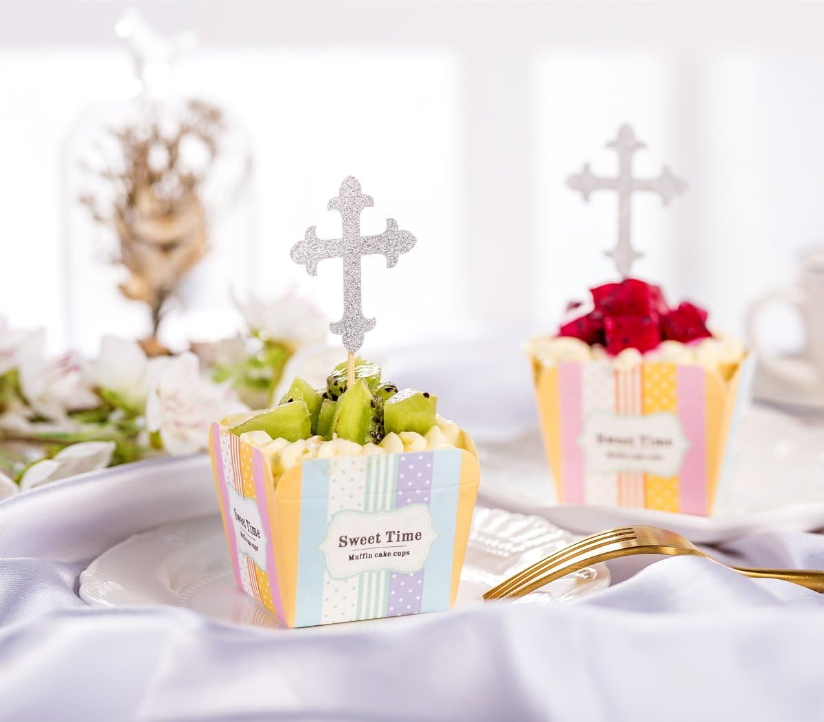DYixin Cross Cupcake Toppers,Christening Decorations,First Communion,Baptism Religious Spiritual Party Picks -Set of 24