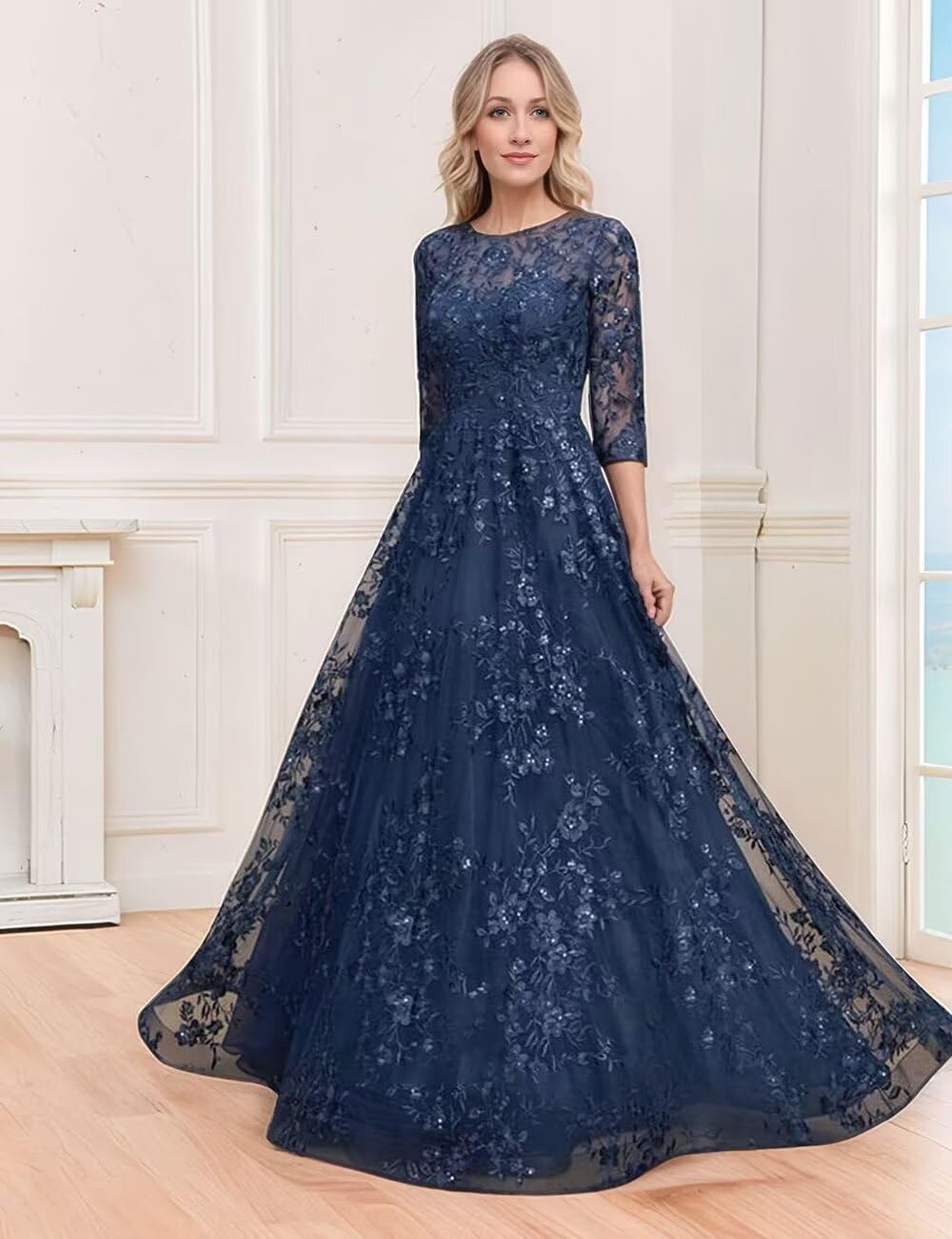 Sequin Lace Mother of The Bride Dresses Sparkly Evening Gown for Women Long Sleeve Prom Dress