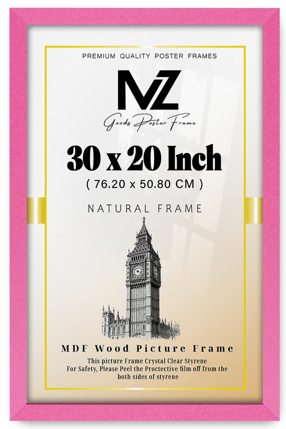 MZ GOODS | MDF Poster Frame (76.20 x 50.80 CM) Rectangle for Inspirational Quotes, Graduation Photos & Wall Décor, Elegant MDF Finish, Secure Hanging Hooks [ Pink ]