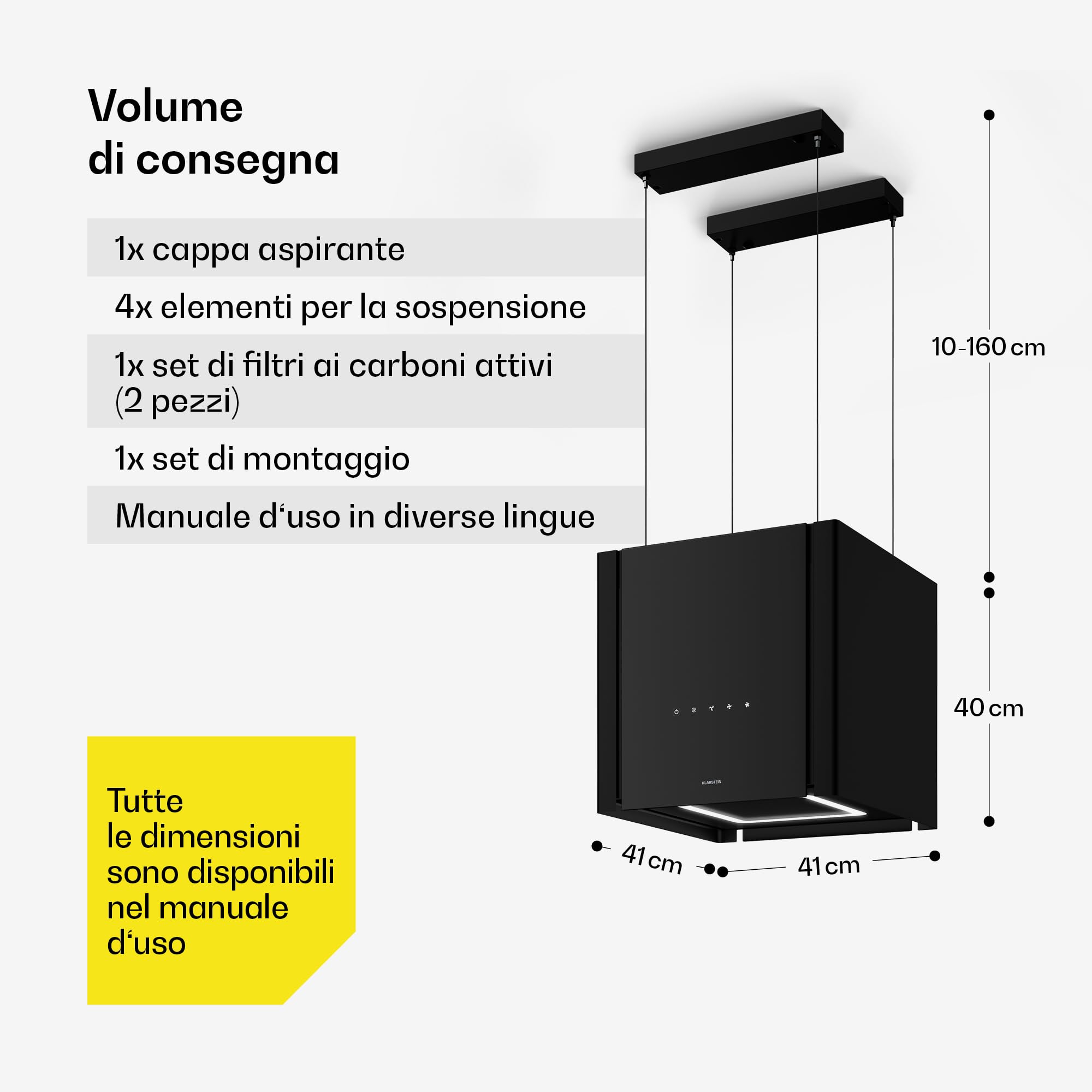 Klarstein Velaire - Cappa Aspirante a Soffitto - 601 m³/ora, Efficienza A++, Touch, LED, Filtro a Carboni Attivi, 41x41x40 cm, Cappa Filtrante da Cucina Sospesa, Nera