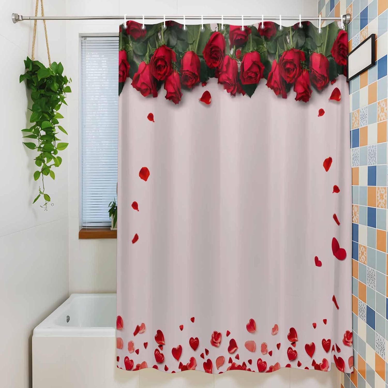 ALAGEO Shower Curtain Red Rose Shower Curtains for Bathroom Decor Flower Petal Printed Bath Curtains Sets with Hooks for Home Decor Waterproof Extra Long 72" X 84"