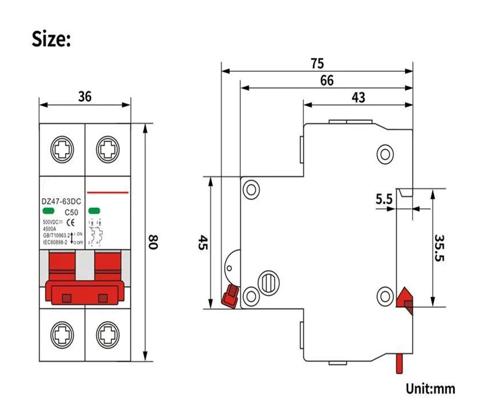 Interruttore di protezione da sovraccarico per miniinterruttore solare DZ47 2P DC500V DC1000V 10A 16A 20A 25A 32A 40A 63A DC MCB per impianto fotovoltaico(DC500V 40A)
